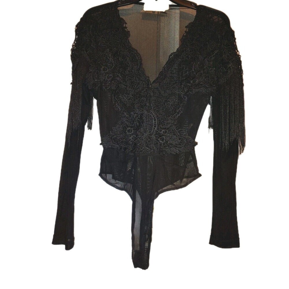 Lizette Collection Black Mesh Bodysuit Large Lace Fringe Sheer Long Sleeve L - Picture 2 of 10